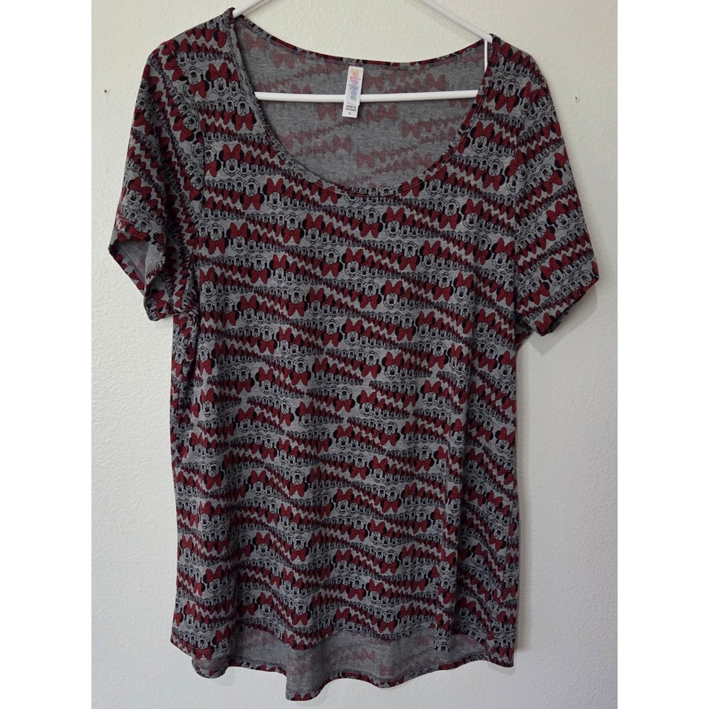 LuLaRoe Disney Minnie Mouse Classic Tee Gray Red Chevron Short Sleeve Shirt  XL